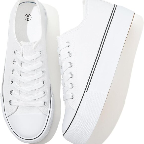 Women's White PU Leather Platform Sneakers Casual Low Top Shoes Rubber Sole - Picture 1 of 6